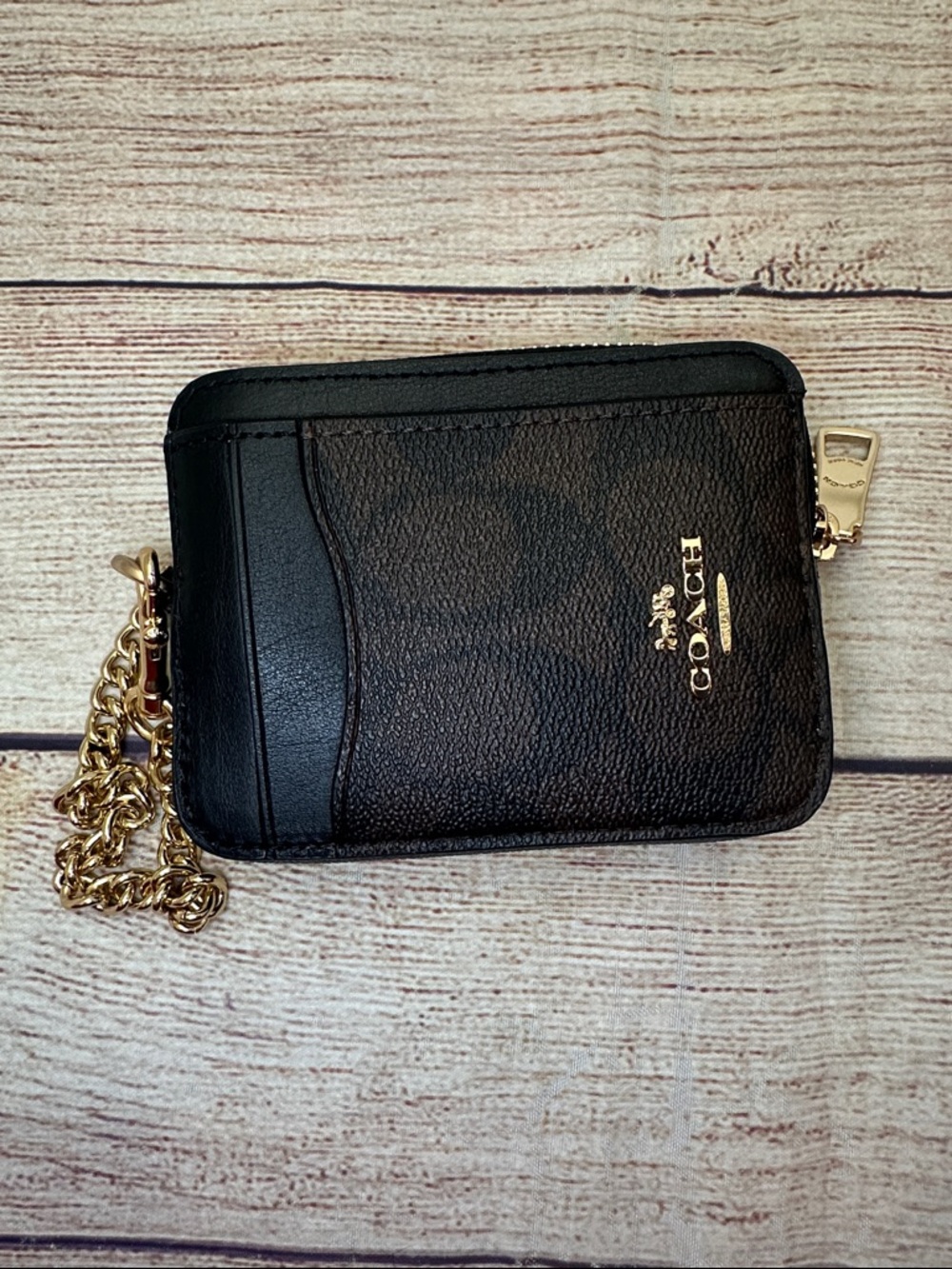 Coach Brown and Black Leather Card Case with Gold Chain and Logo